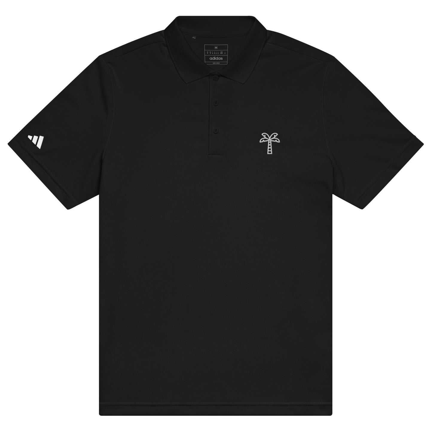 Black polo shirt with a palm tree logo on a white background