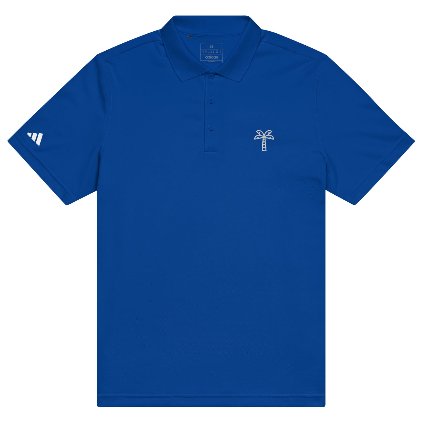 Blue polo shirt with a palm tree logo on a white background