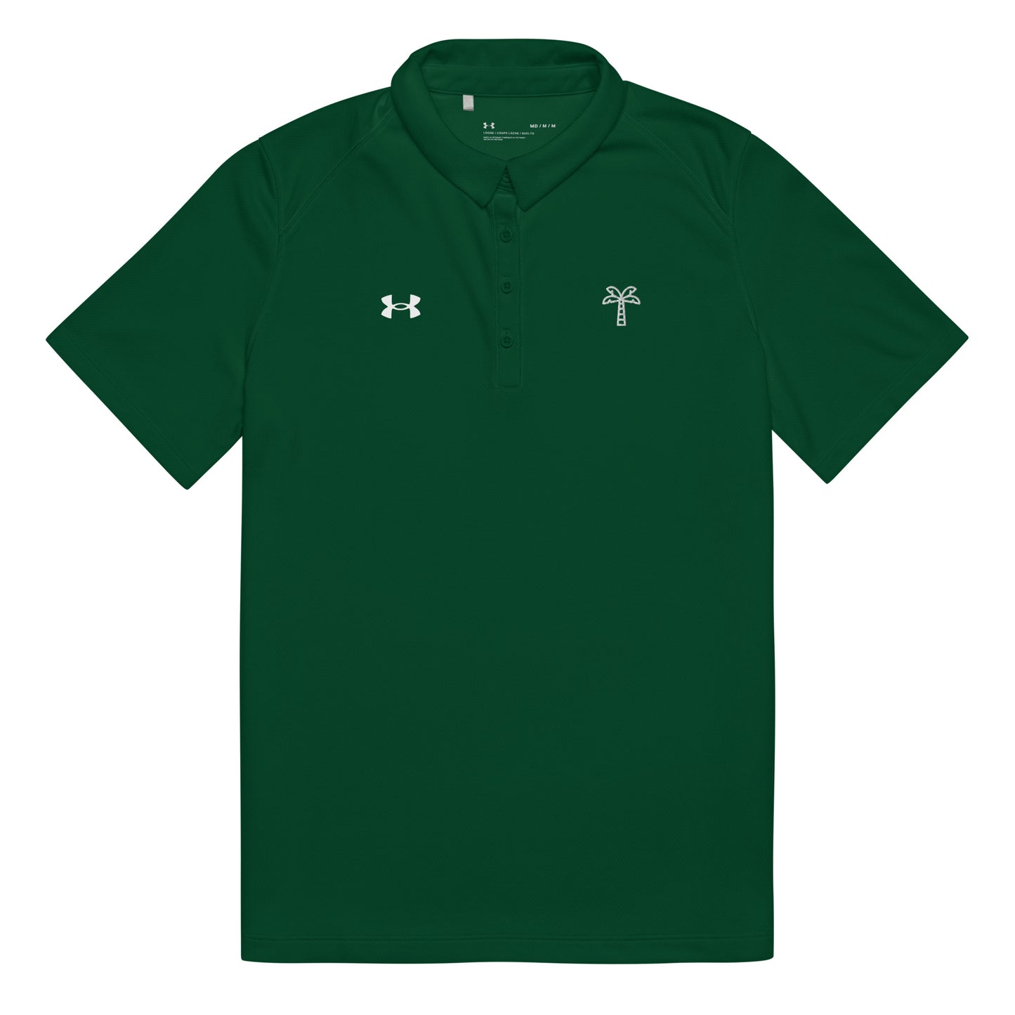 Green polo shirt with Under Armour logo on a white background