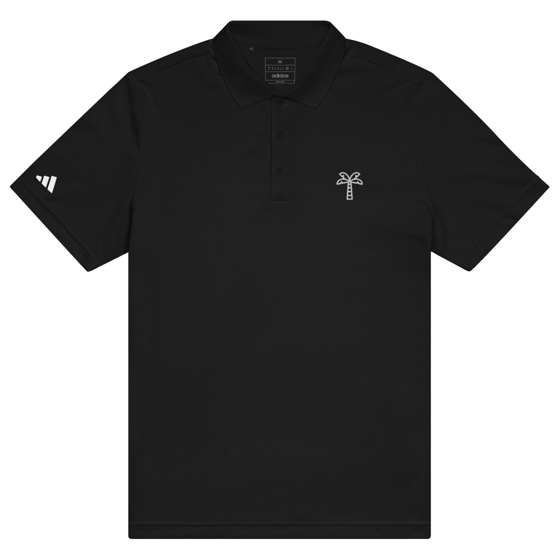 Black polo shirt with a palm tree logo on a white background