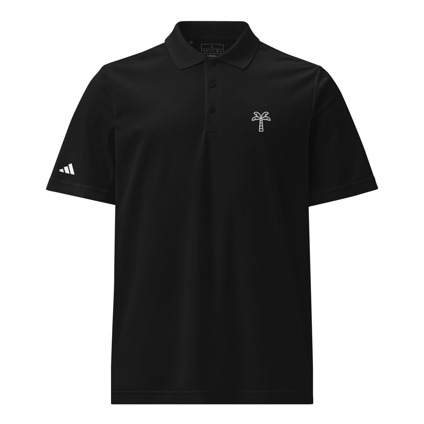 Black polo shirt with Adidas logo on a white background