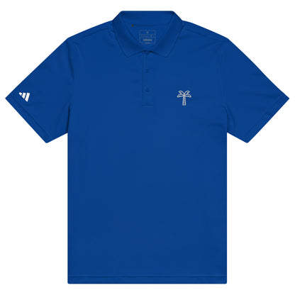 Blue polo shirt with a palm tree logo on a white background