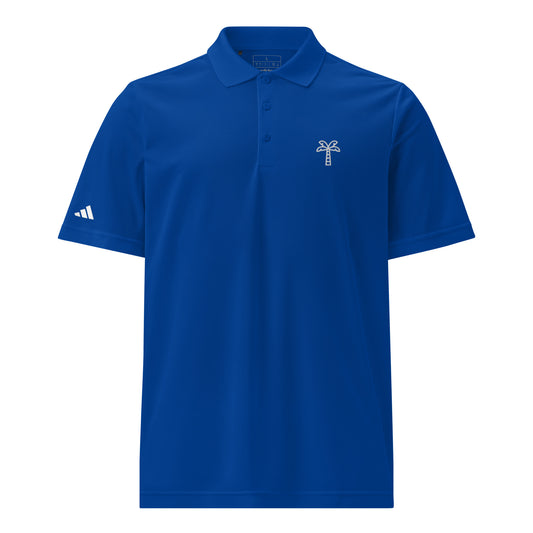 Blue polo shirt with a small logo on a white background