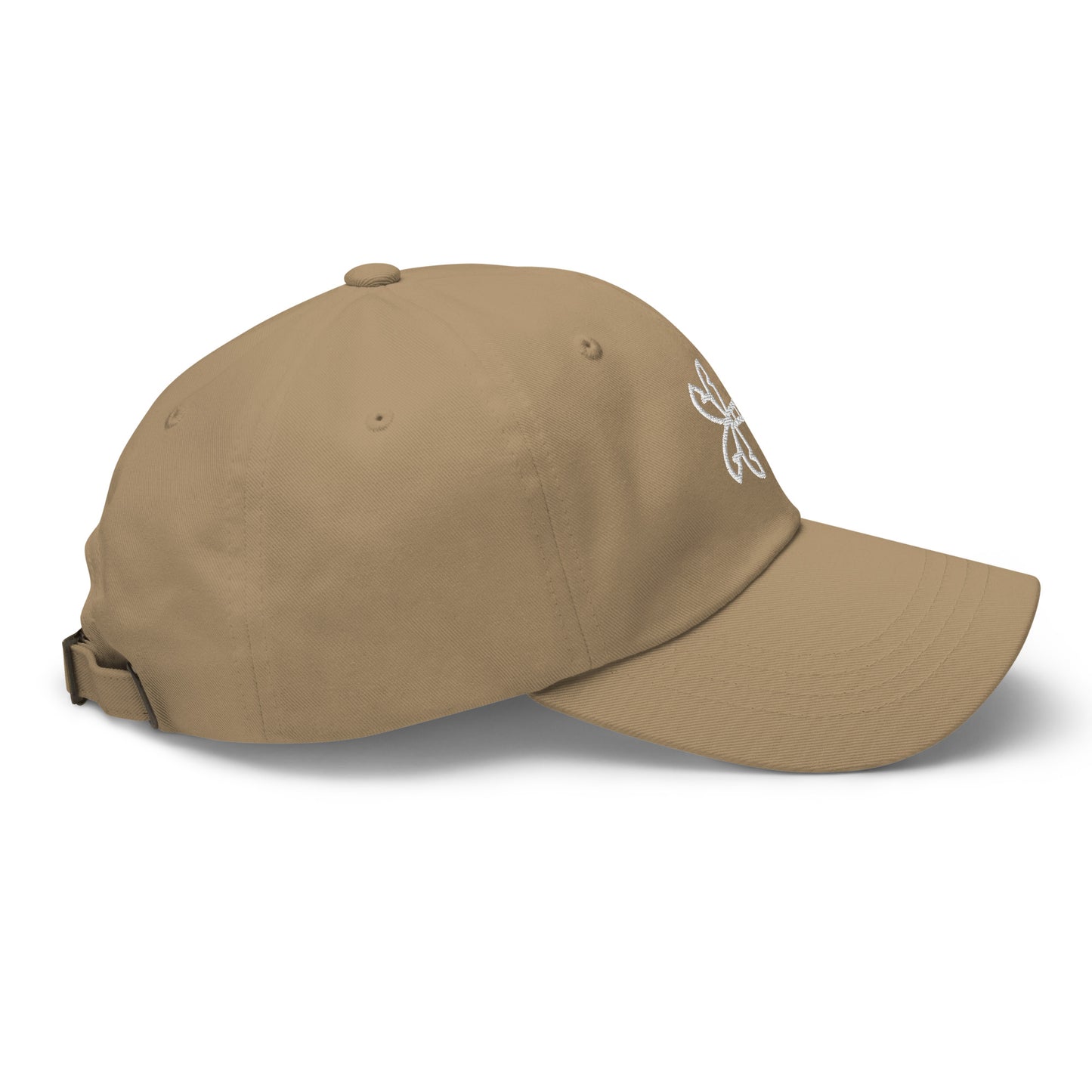 Beige baseball cap with a logo on the side against a white background