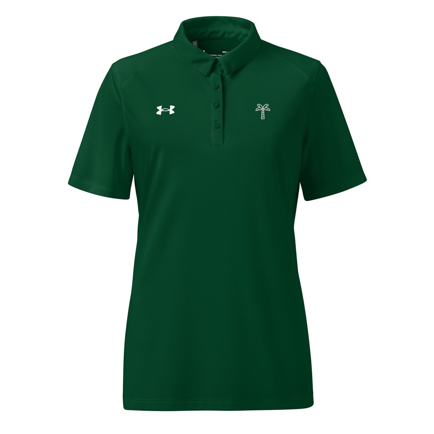Green polo shirt with Under Armour logo on a white background