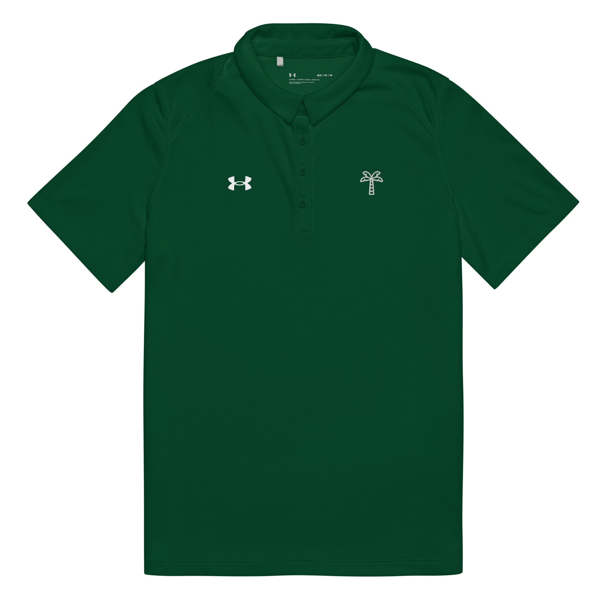 Green polo shirt with Under Armour logo on a white background