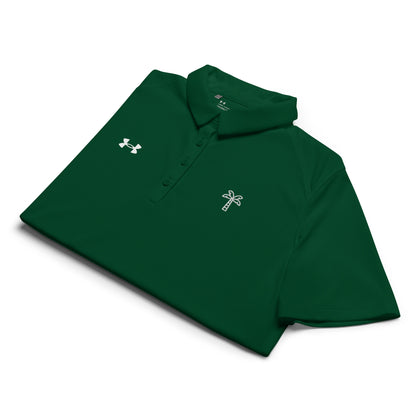 Green polo shirt with embroidered logo on a white background