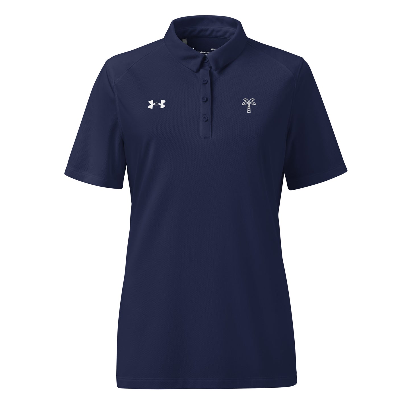 Navy blue polo shirt with Under Armour logo on a white background