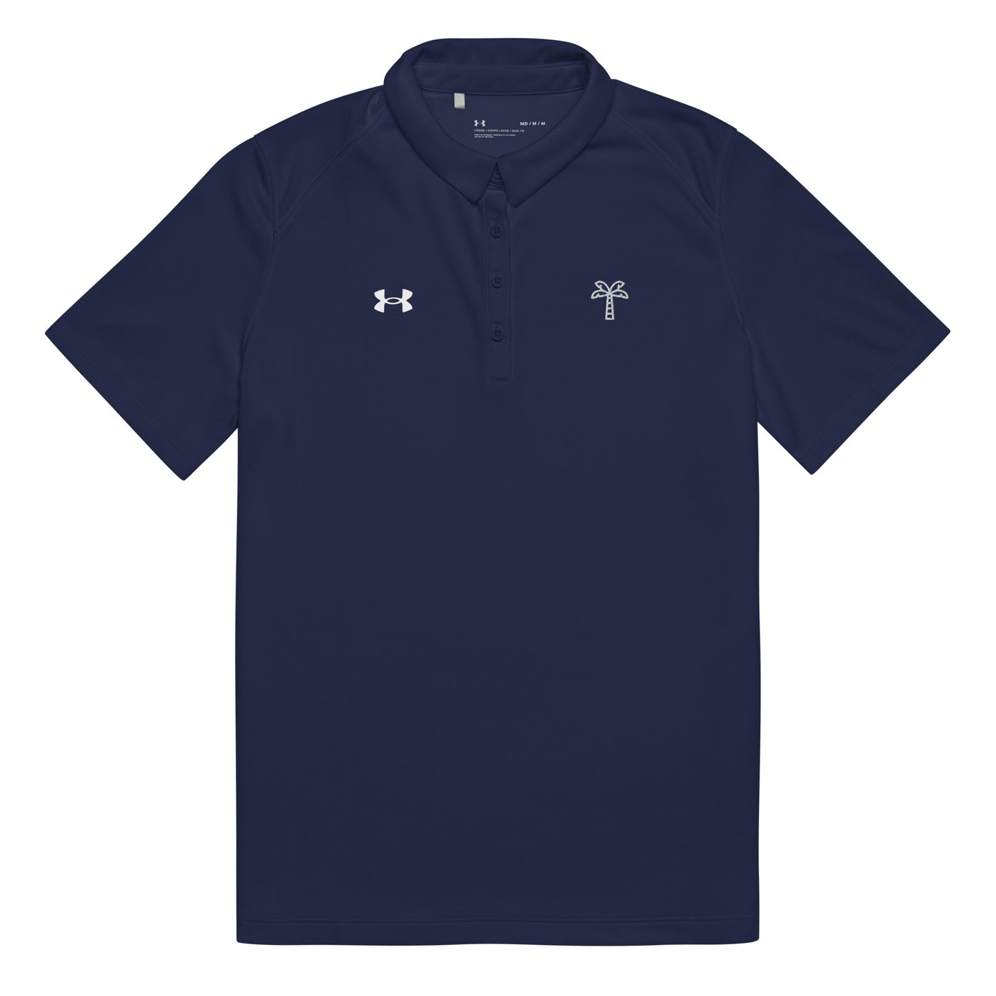Navy polo shirt with Under Armour logo on a white background