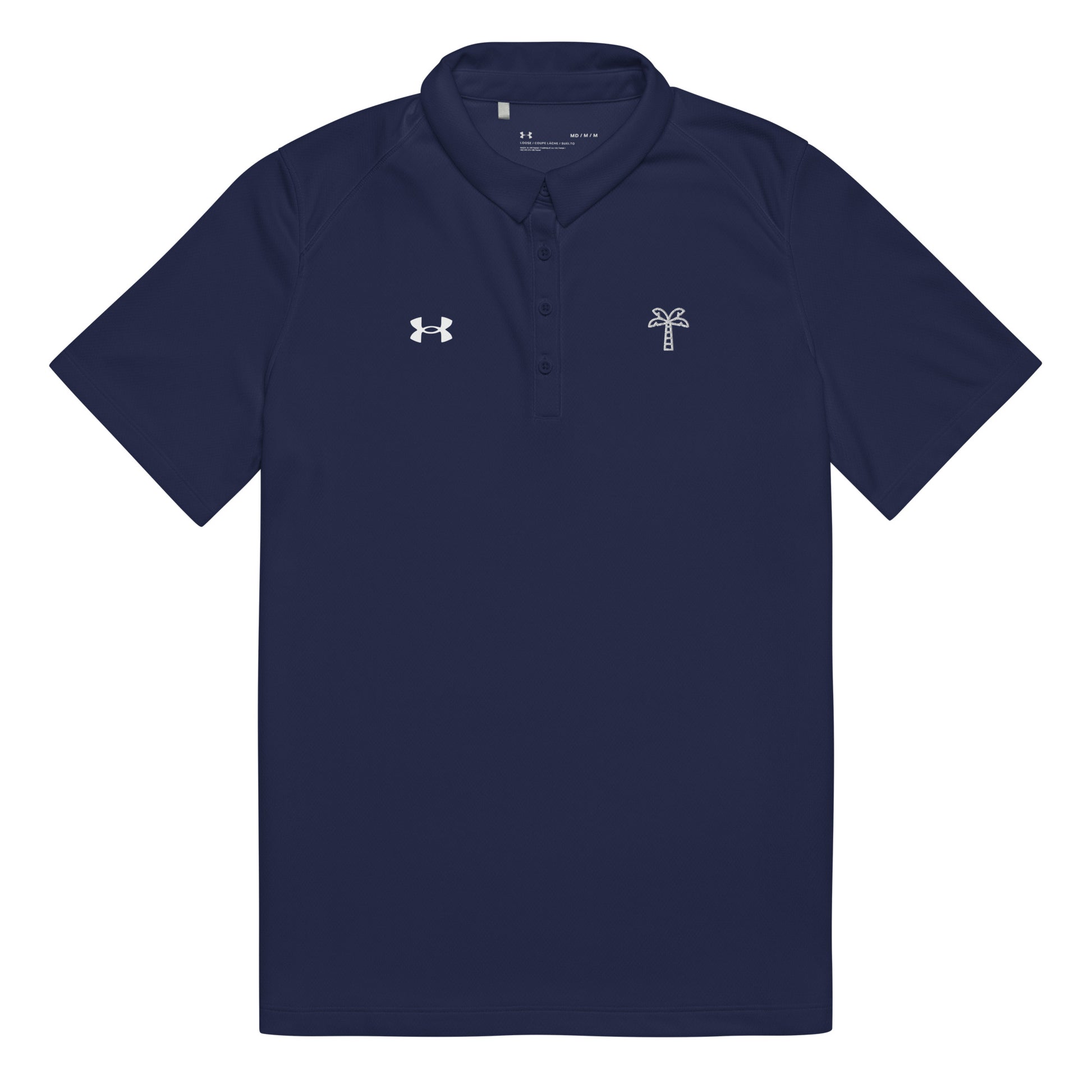 Navy polo shirt with Under Armour logo on a white background