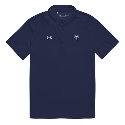 Navy polo shirt with Under Armour logo on a white background
