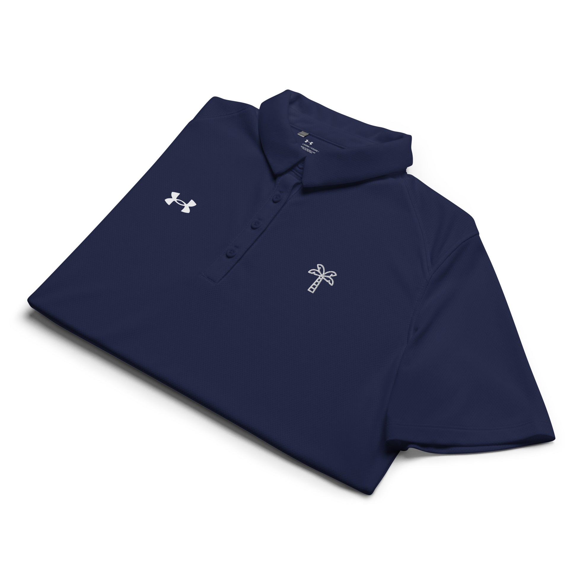 Folded navy blue polo shirt with logos on a white background