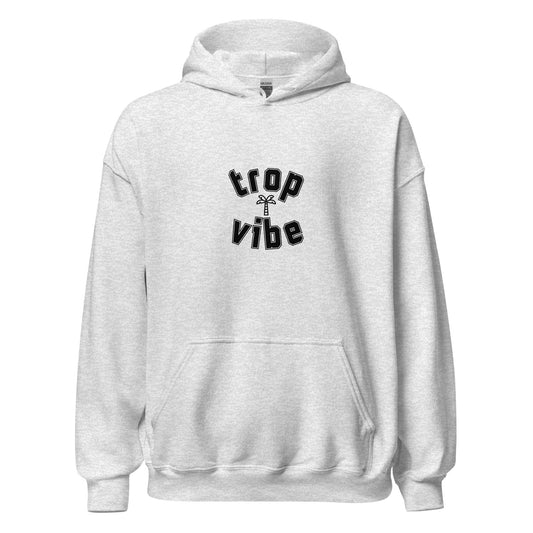 White hoodie with 'trop vibe' text on a white background