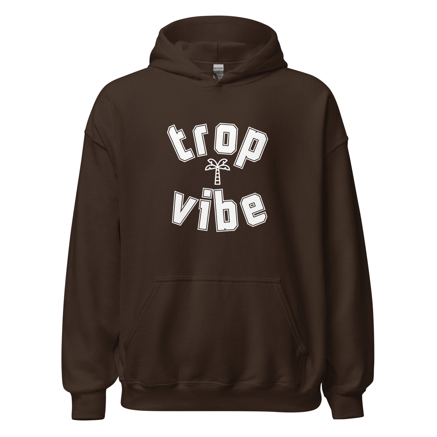 Brown hoodie with 'trop vibe' text on a white background