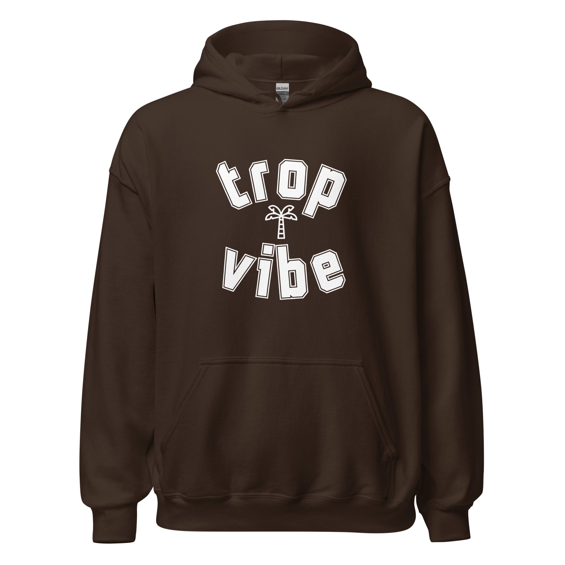 Brown hoodie with 'trop vibe' text on a white background