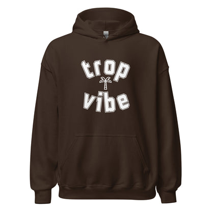 Brown hoodie with 'trop vibe' text on a white background