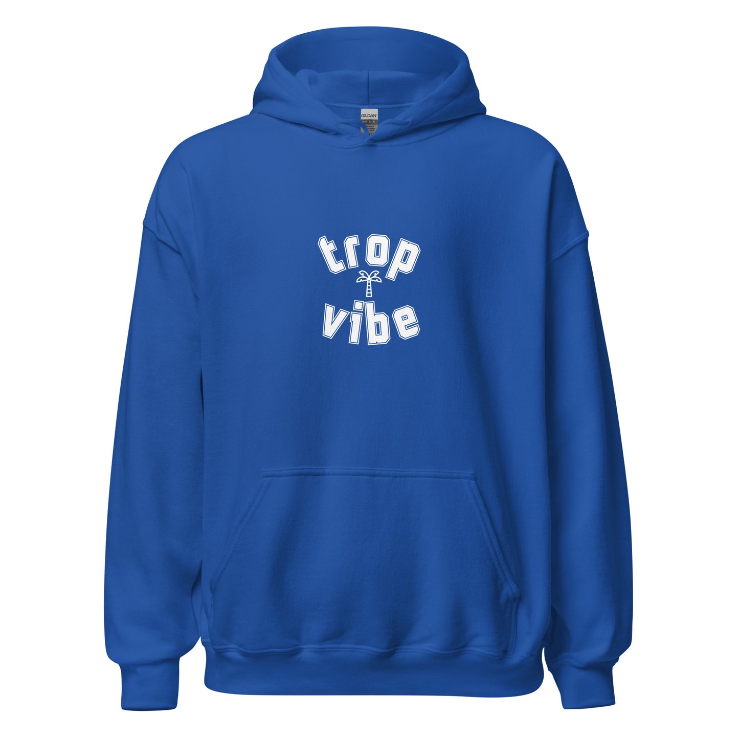 Blue hoodie with 'trop vibe' text on a white background