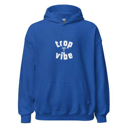 Blue hoodie with 'trop vibe' text on a white background